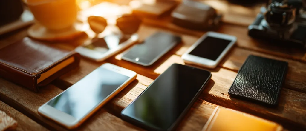 Several phones laid out on a warm wooden cafe table
