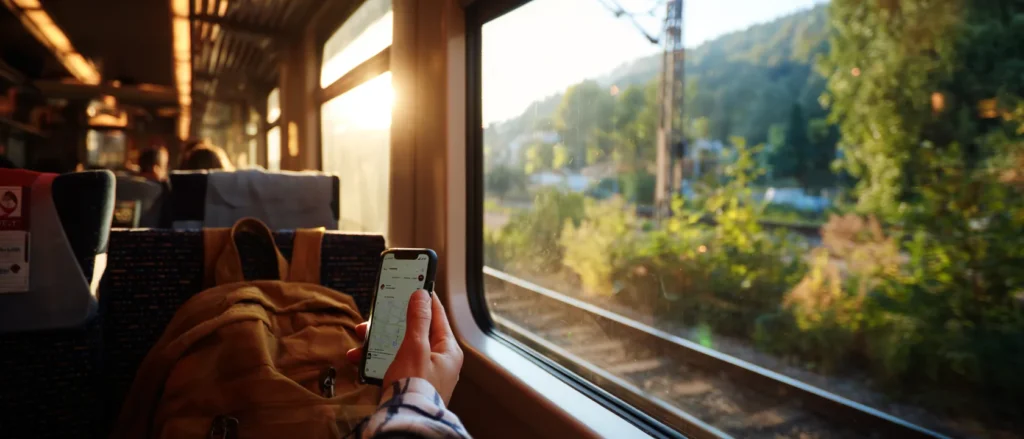 A hand holding a phone against a backpack on a train, scenery blurred outside