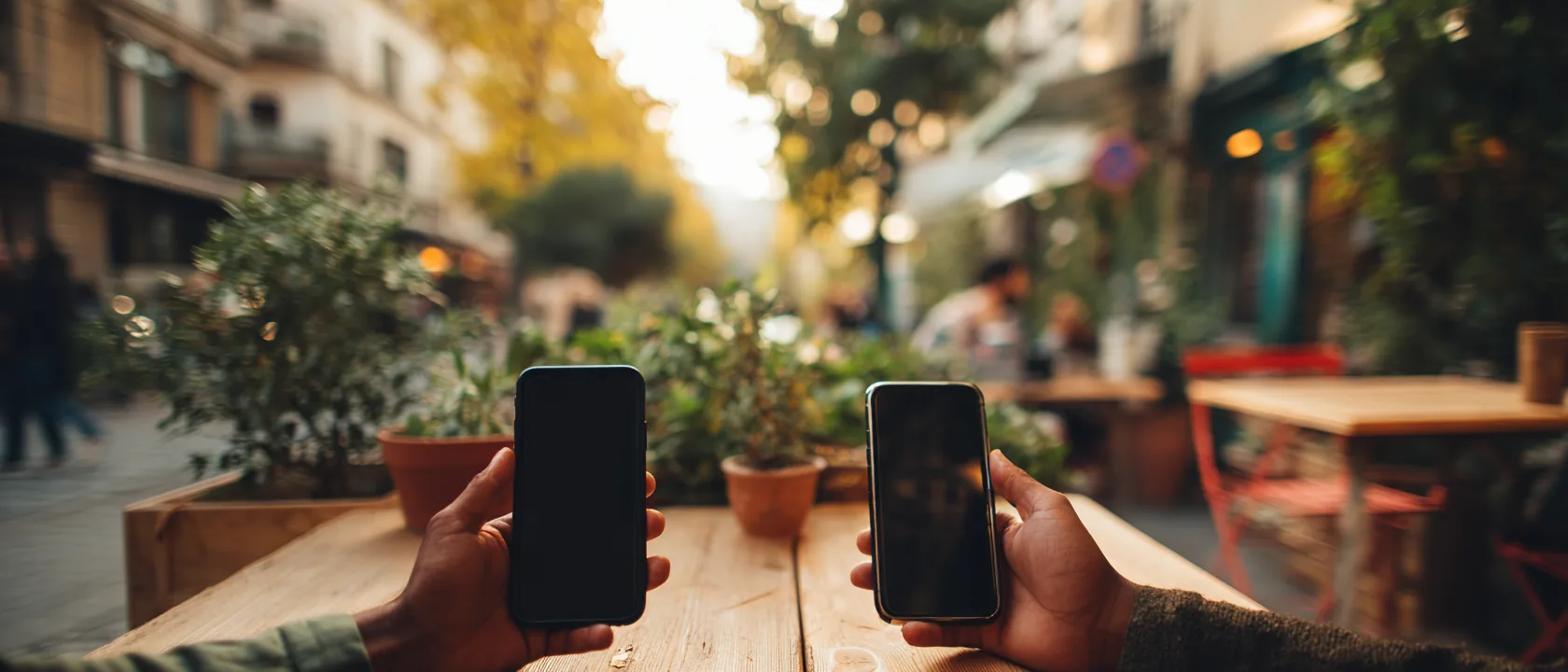 Two phones held side by side over a cafe table, comparing eSIM plans