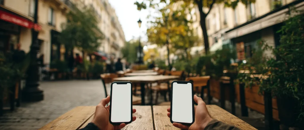 Two phones held side by side over a cafe table, comparing eSIM plans