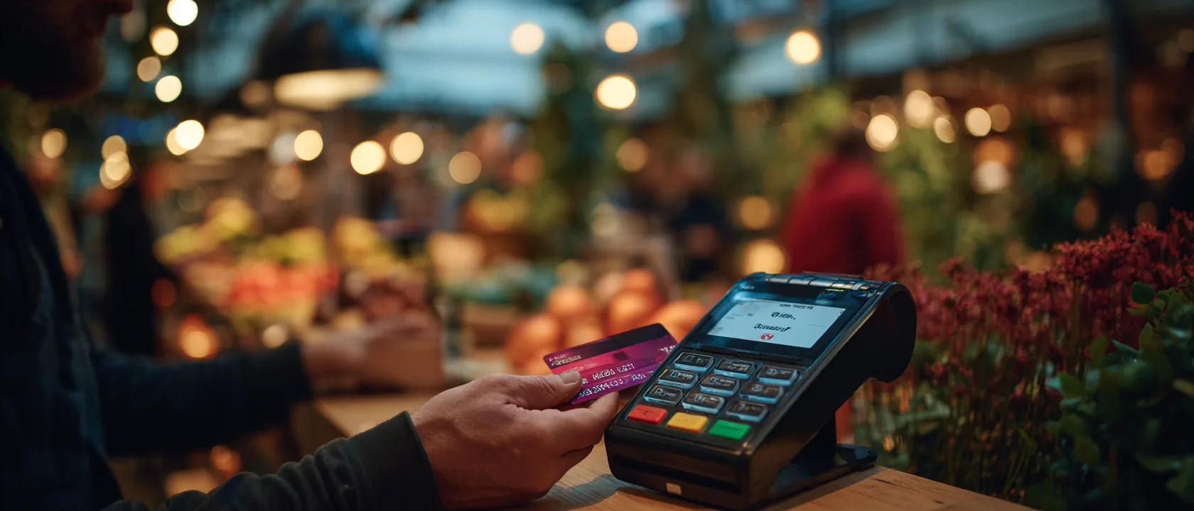 Always Pay in Local Currency: The DCC Trap Explained A hand holding a payment card above a terminal glowing with a currency choice