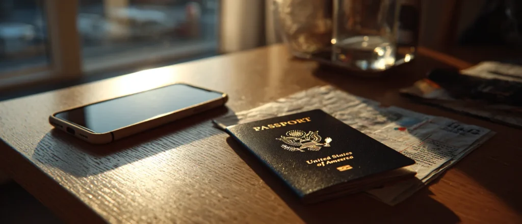A passport and phone side by side on a table in warm window light