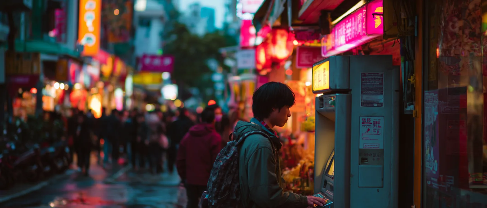 A traveler at an ATM on a busy Asian street at dusk with neon signs
