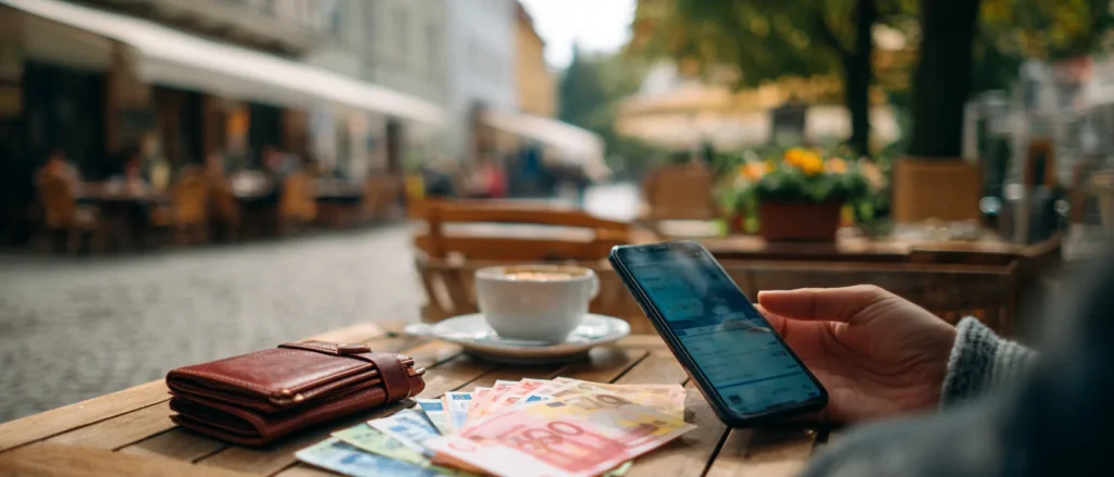 A hand holding a phone with a banking app beside a wallet and euro notes at a cafe