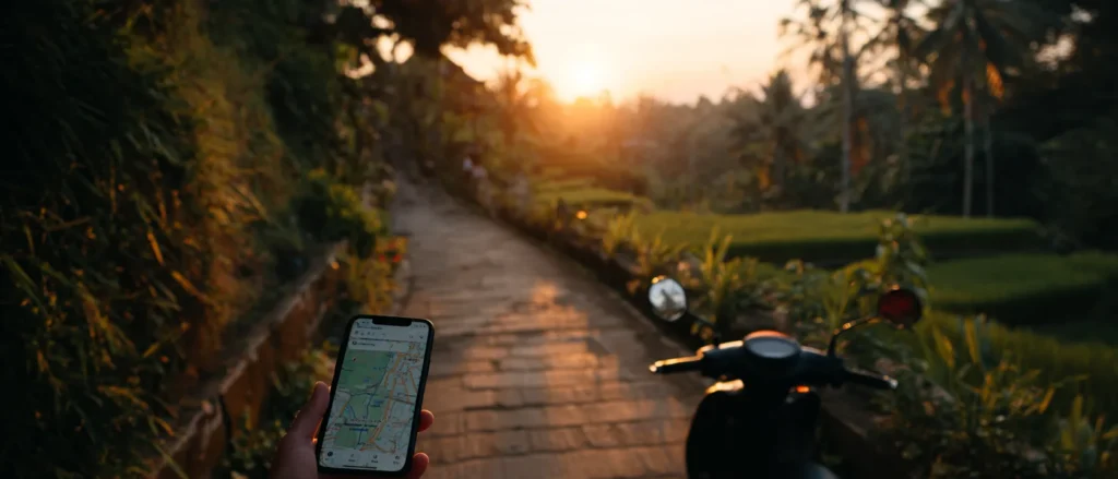 A hand holding a phone with maps by a scooter on a Bali rice-terrace lane at sunrise