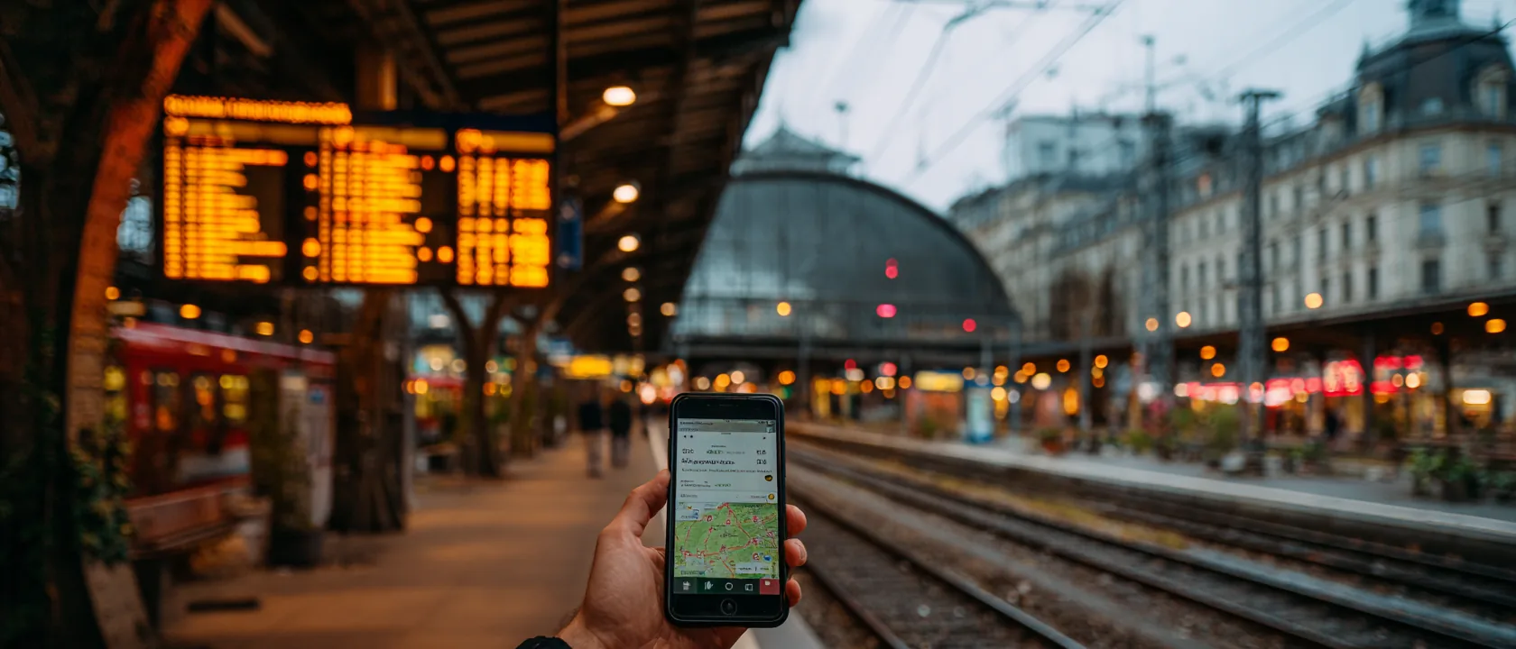 A hand holding a phone with a rail app at a grand European train station