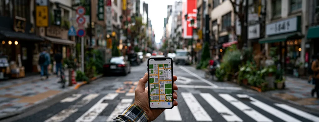 Checking a maps app on a phone on a Tokyo street