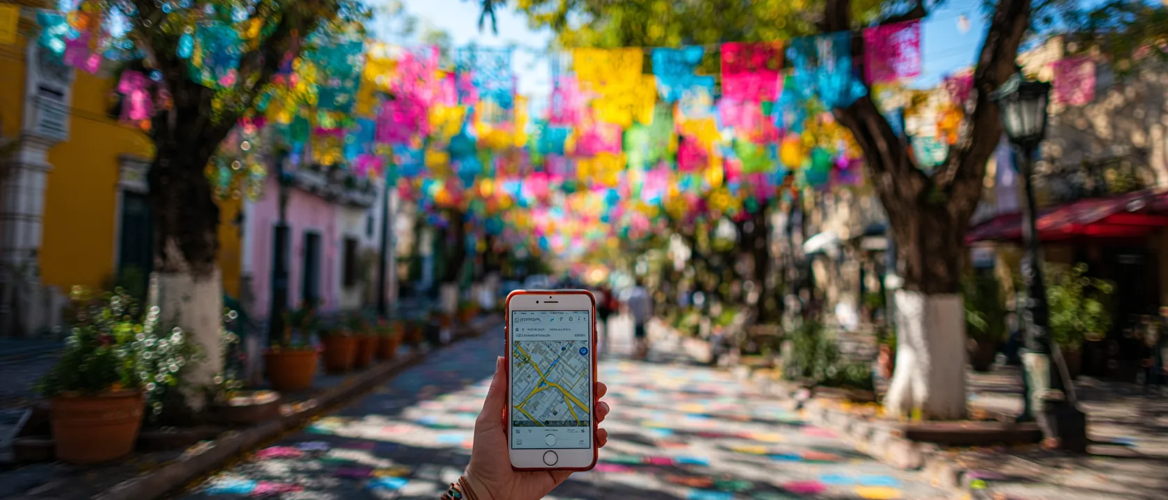 Best eSIM for Mexico (2026): Check the Network Before the Price A hand holding a phone with a map app under papel picado banners in Oaxaca
