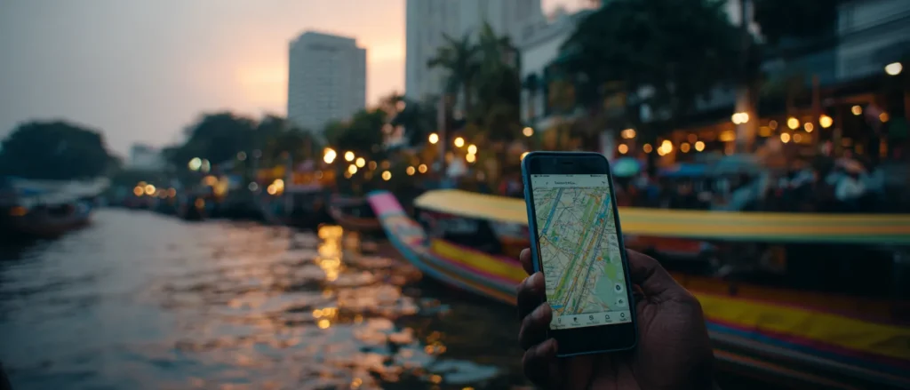 A hand holding a phone with maps by a Bangkok canal at dusk with a longtail boat
