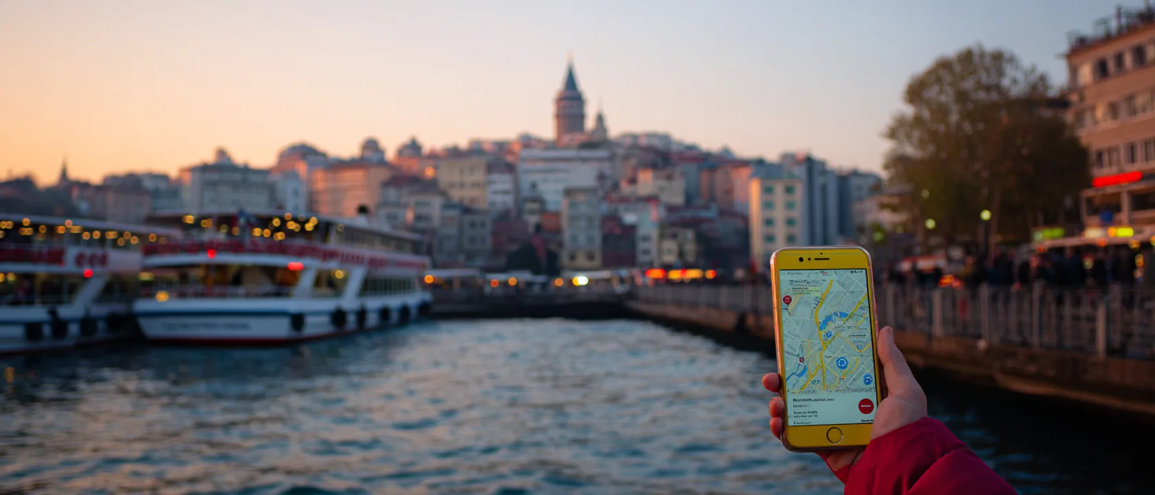 Best eSIM for Turkey (2026): Why Your Europe Plan Won't Work A hand holding a phone with a map app in front of the Istanbul skyline at golden hour