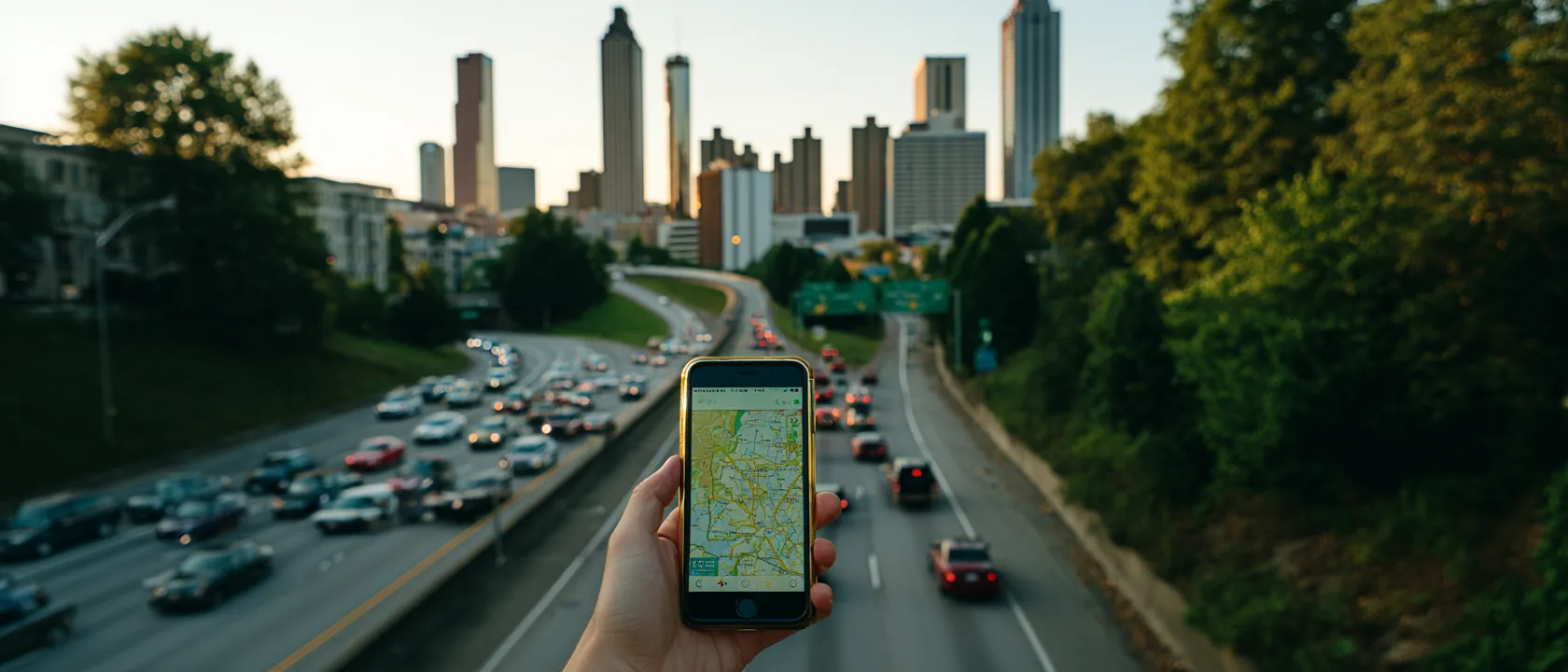 A hand holding a phone with maps open over a US highway and city skyline