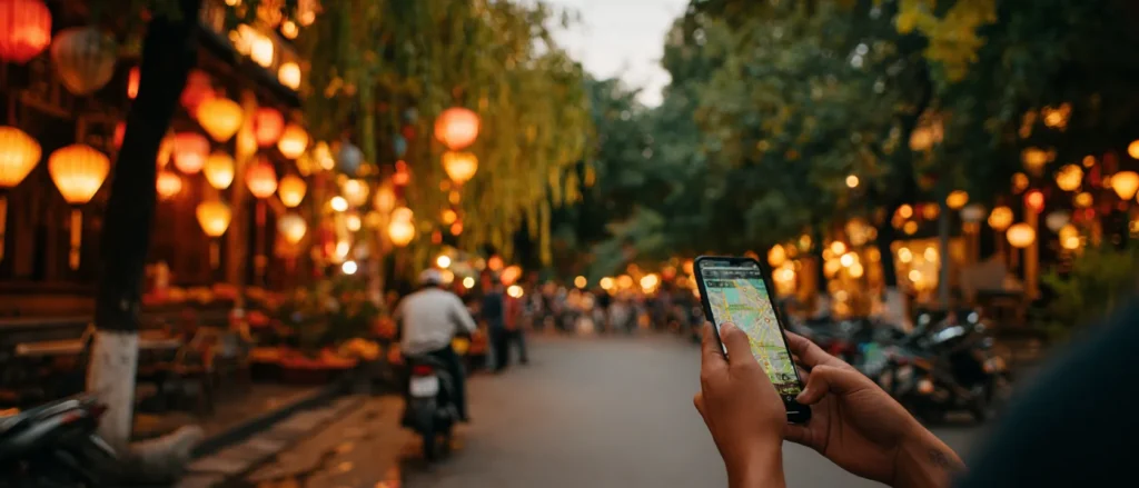 A hand holding a phone with navigation on a lantern-lit Hoi An street