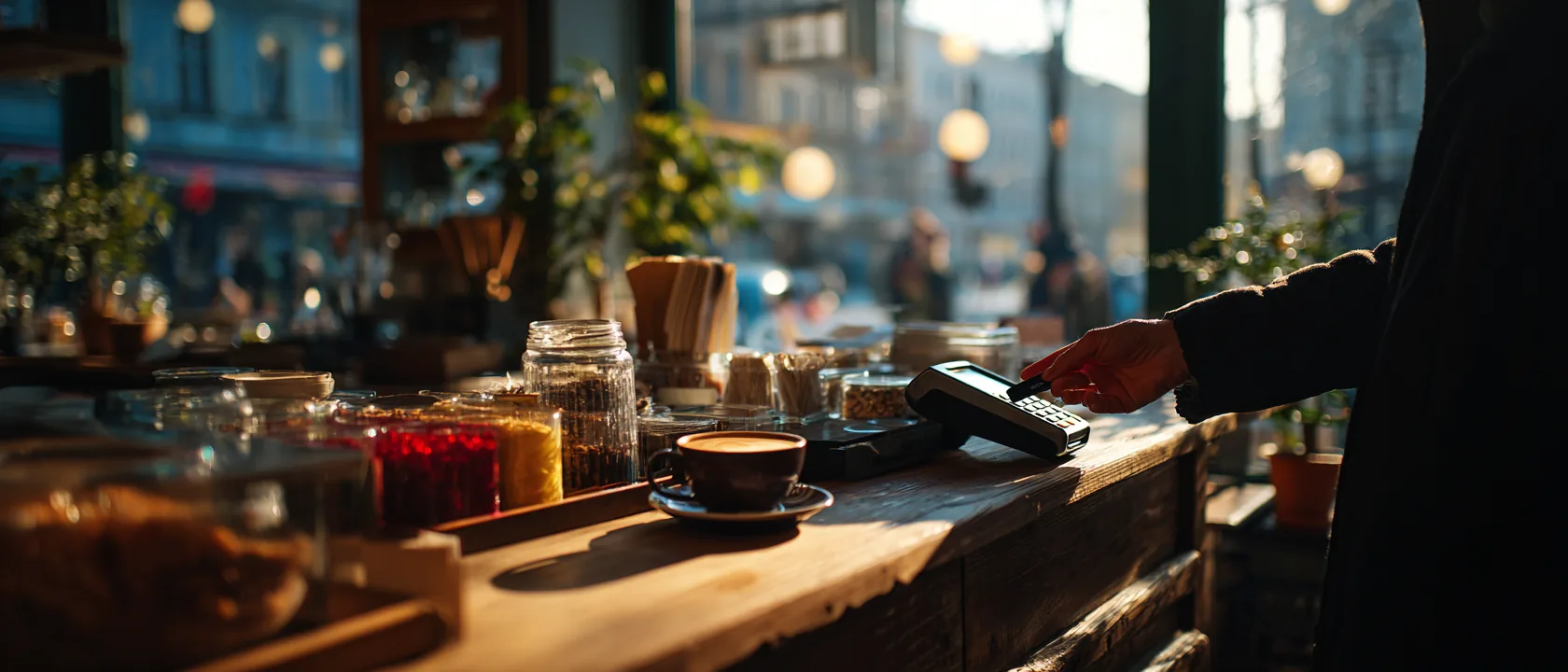 Best Travel Cards (2026): No-Fee Spending, Real Exchange Rates A hand tapping a payment card on a cafe terminal in a sunlit European square