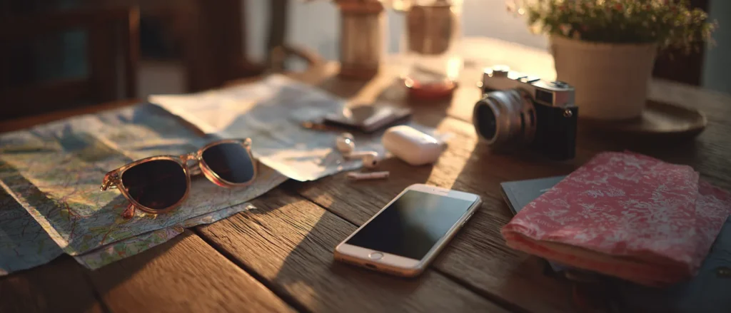 Best Travel eSIM in 2026: Ranked for Real Trips Overhead flat-lay of a phone and travel essentials on a warm wooden table
