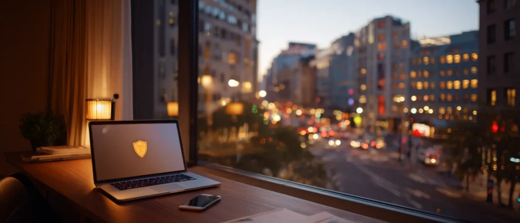 A laptop with a glowing shield icon on a hotel desk overlooking a city at dusk
