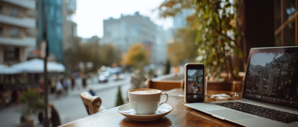 A phone streaming video propped beside a laptop and coffee at a street cafe