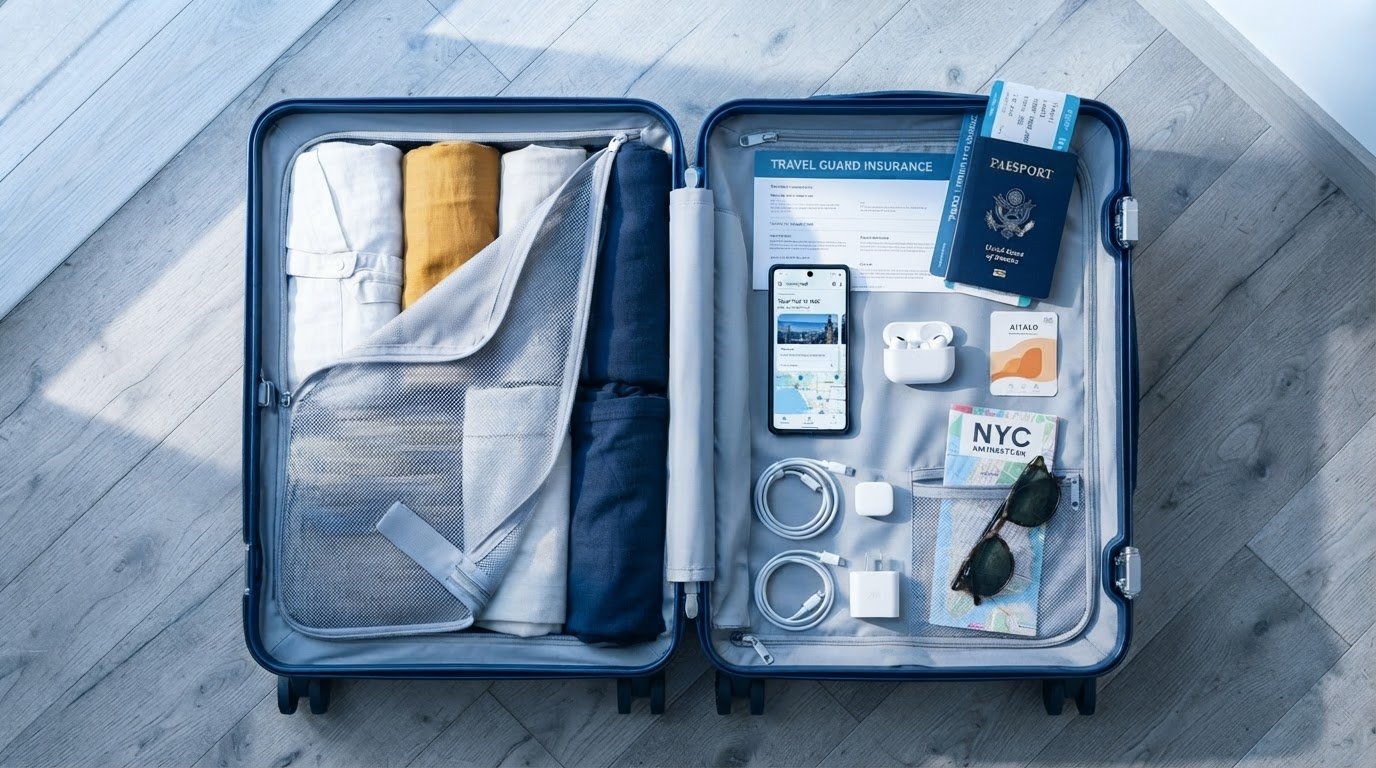 Bird S Eye View Of An Open Suitcase Packed With Travel Essen