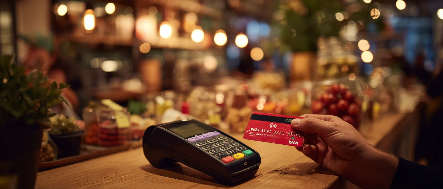A hand holding a payment card at a shop counter card terminal