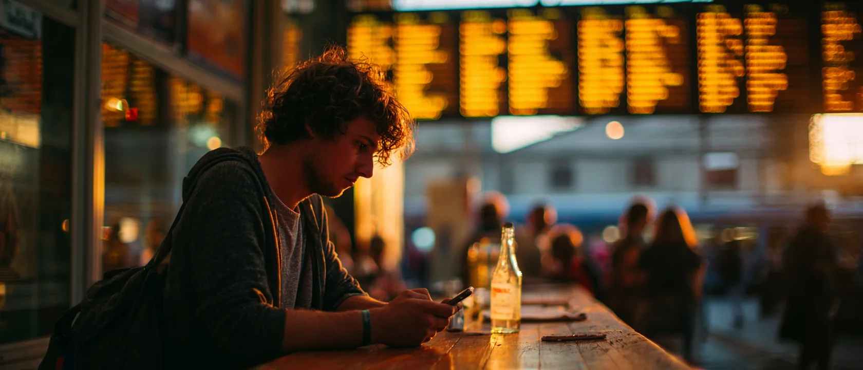 Cheapest eSIMs That Are Actually Usable (2026) A backpacker checking a phone at a hostel table, departure board behind