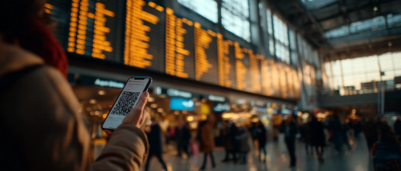 Installing an eSIM by QR code in front of an airport departures board