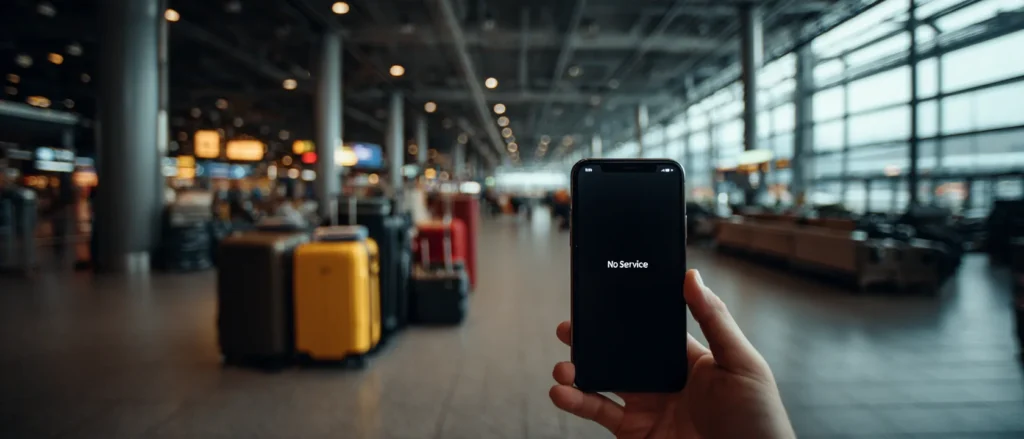 eSIM Not Working Abroad? The 10-Minute Fix Checklist A traveler holding a phone showing no signal just outside airport arrivals