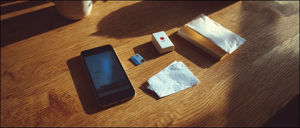 Overhead shot of a phone, a plastic SIM card, and a paper phone bill on a wooden table