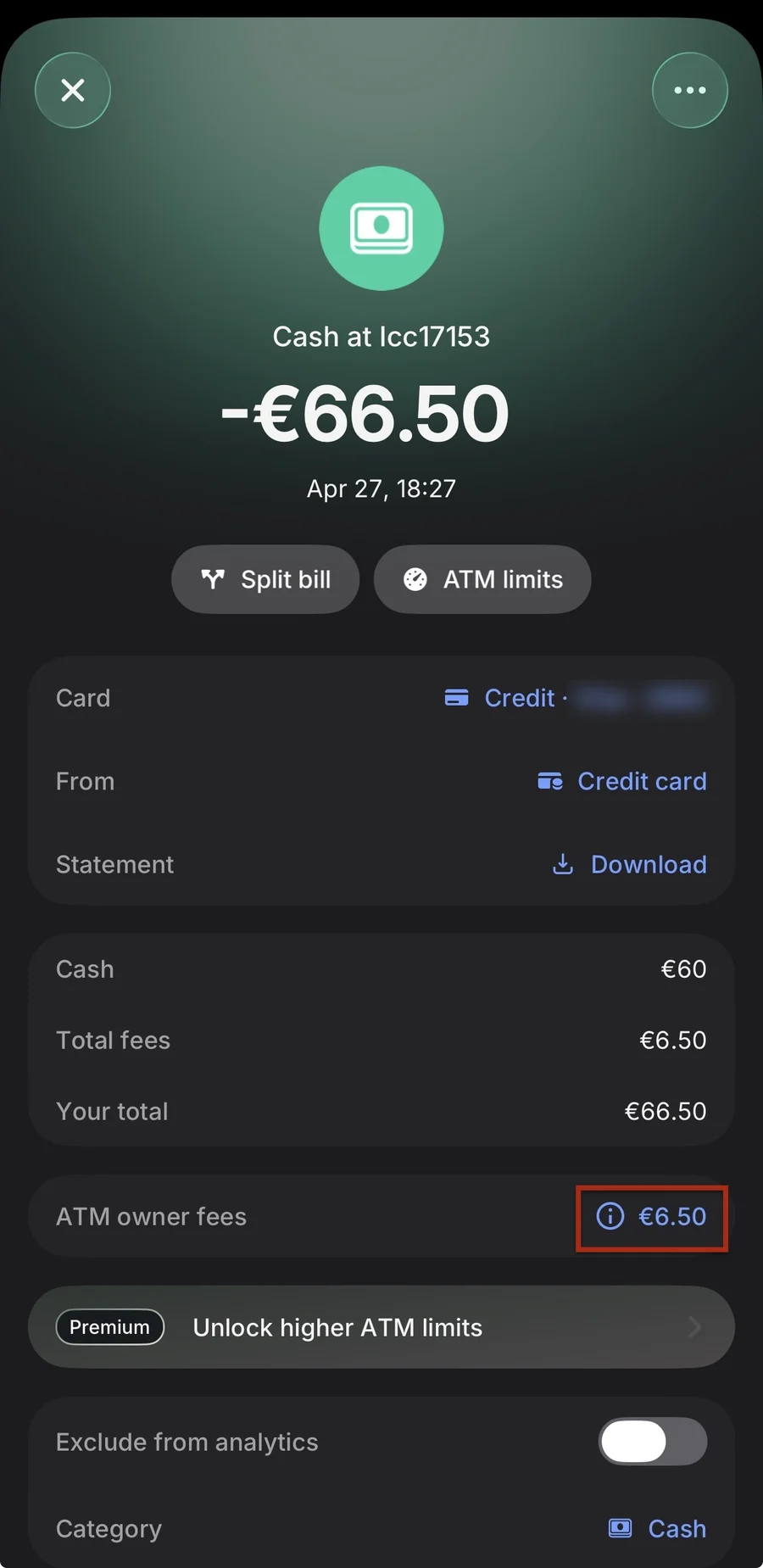 Revolut receipt for a cash withdrawal showing a 6.50 euro ATM owner fee on 60 euro of cash