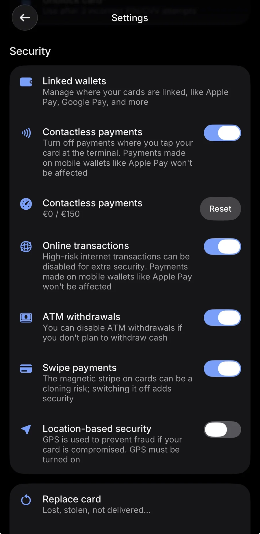 Revolut card security settings: contactless, online transactions, ATM withdrawals and swipe toggles