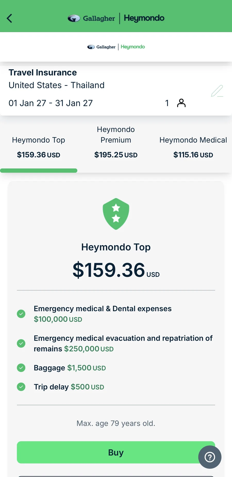 Heymondo Review (2026): Per-Trip Cover With Real Ceilings Heymondo quote for one month in Thailand: Top, Premium and Medical tiers priced 115 to 195 dollars