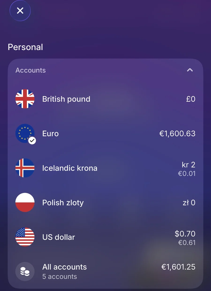 Multi-currency balances: euro, pound, krona, zloty and dollar accounts in one app