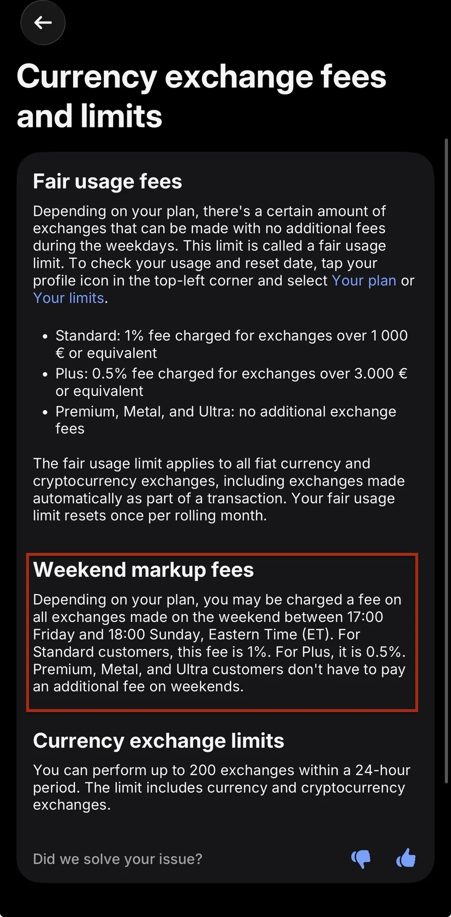 Revolut fee page stating weekend markup fees: 1% Standard, 0.5% Plus, none from Premium up