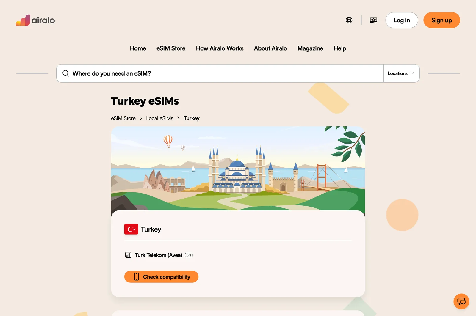 Best eSIM for Turkey (2026): Why Your Europe Plan Won't Work Airalo's Turkey eSIM page listing Türk Telekom (Avea) with 5G as the supported network