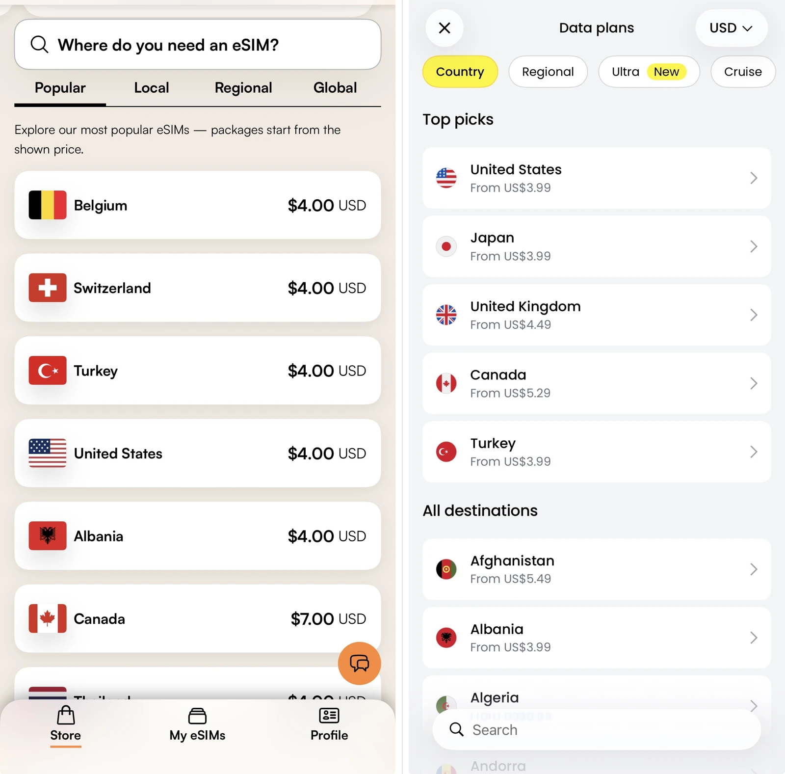 Airalo and Saily apps side by side, plan-browsing views in USD