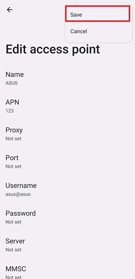 Android Edit access point (APN) screen with a sample provider APN entered
