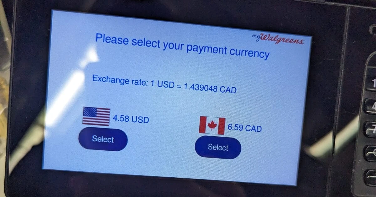 Always Pay in Local Currency: The DCC Trap Explained Card terminal offering dynamic currency conversion: 4.58 USD locally or 6.59 CAD at the terminal's rate
