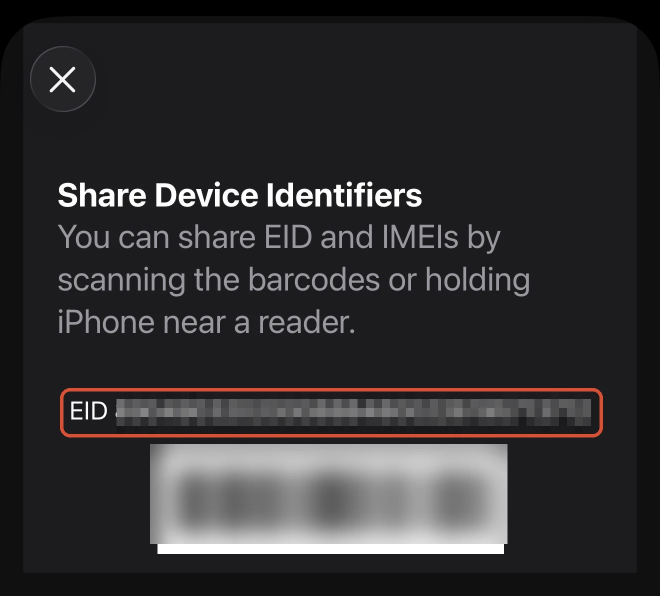 Dialler *#06# result with the EID line highlighted, identifier blurred