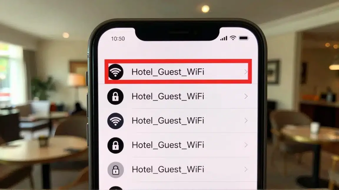 Wifi picker showing five identically-named Hotel_Guest_WiFi networks, an open decoy highlighted