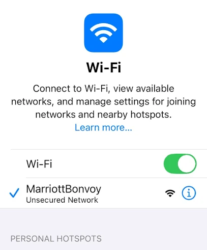 iOS Wi-Fi settings connected to an unsecured hotel network, MarriottBonvoy