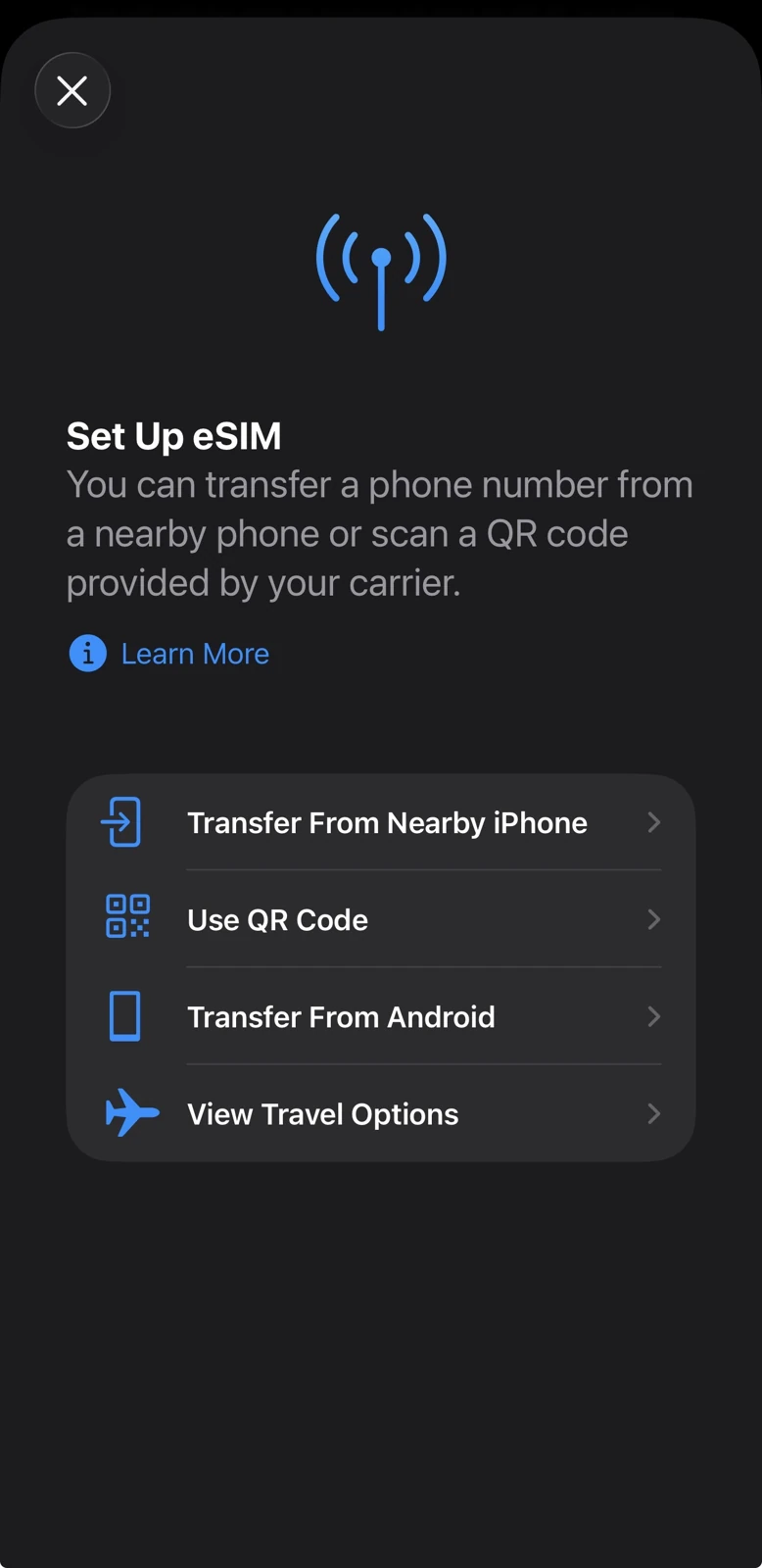 iOS Set Up eSIM sheet with the Use QR Code option