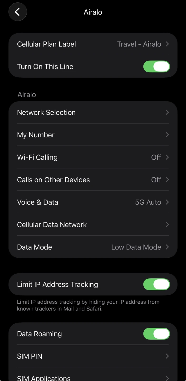 iOS Cellular settings with Data Roaming toggled on for the travel eSIM line