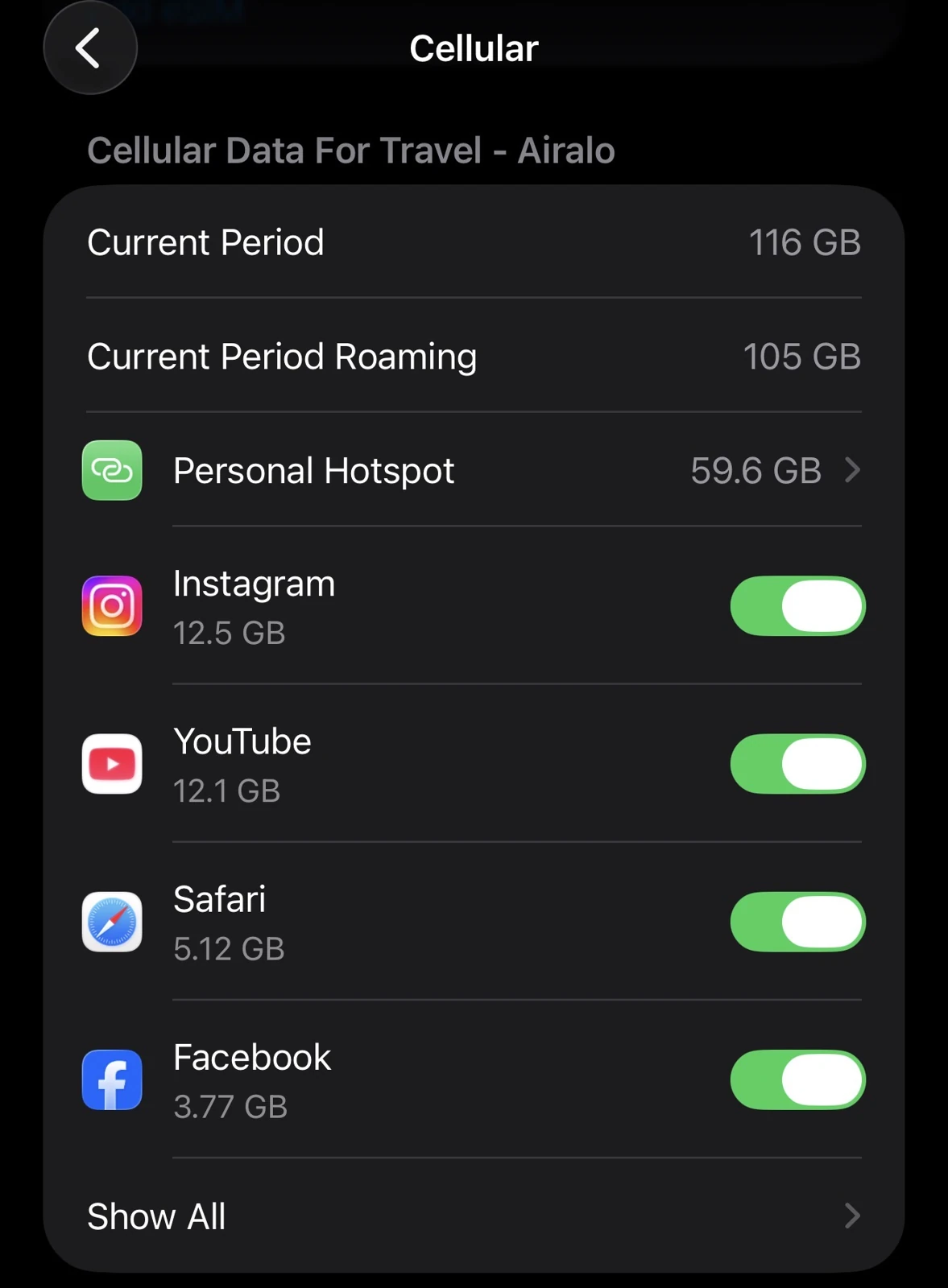 iPhone cellular data counter for a travel eSIM after one month: 116 GB total, 105 GB roaming, 59.6 GB personal hotspot