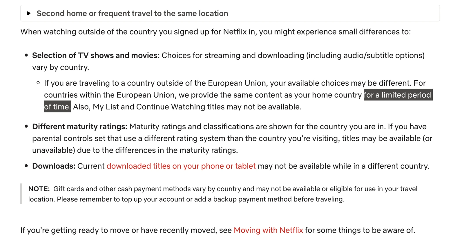 Netflix help page explaining the catalogue, watchlist and downloads vary by country when watching abroad