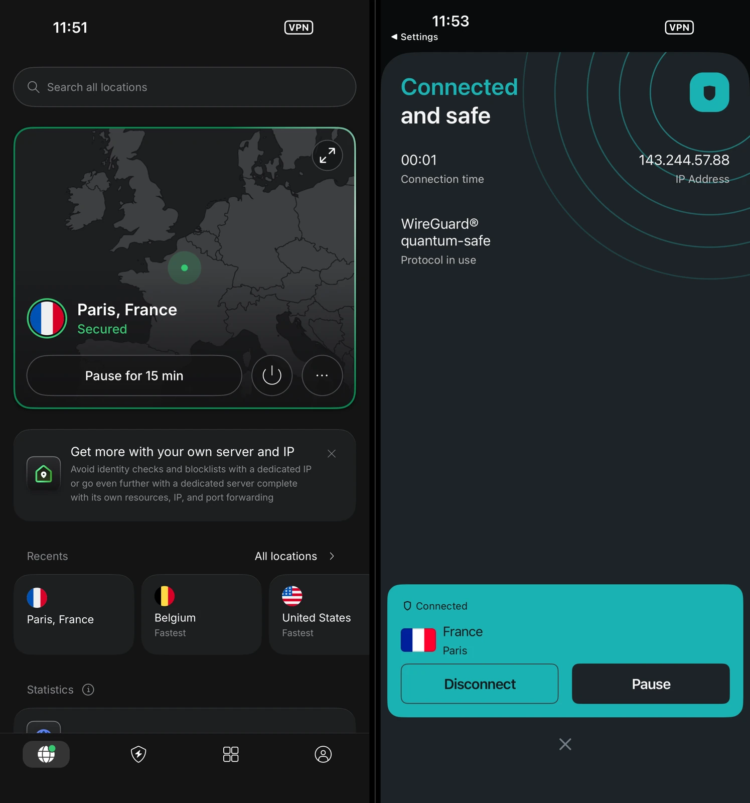 NordVPN and Surfshark both connected to Paris, side by side
