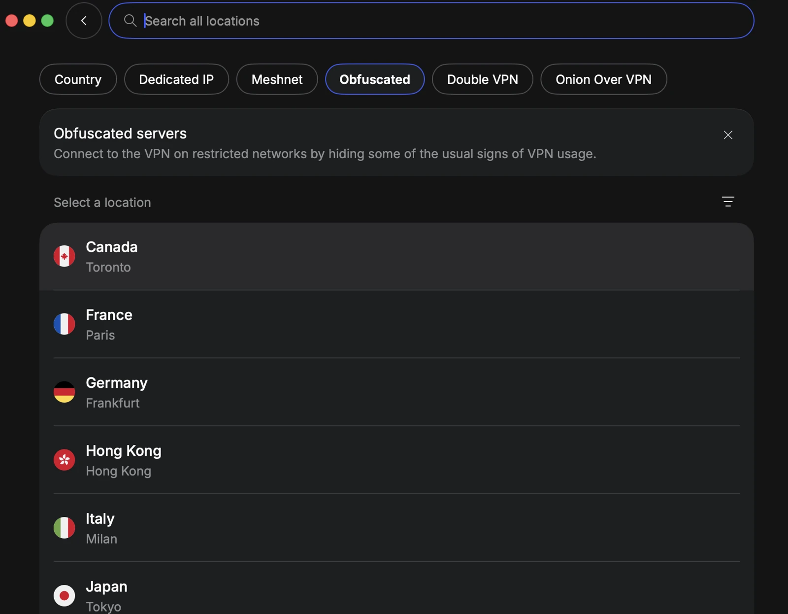 NordVPN app showing the Obfuscated servers category selected, with the server location list