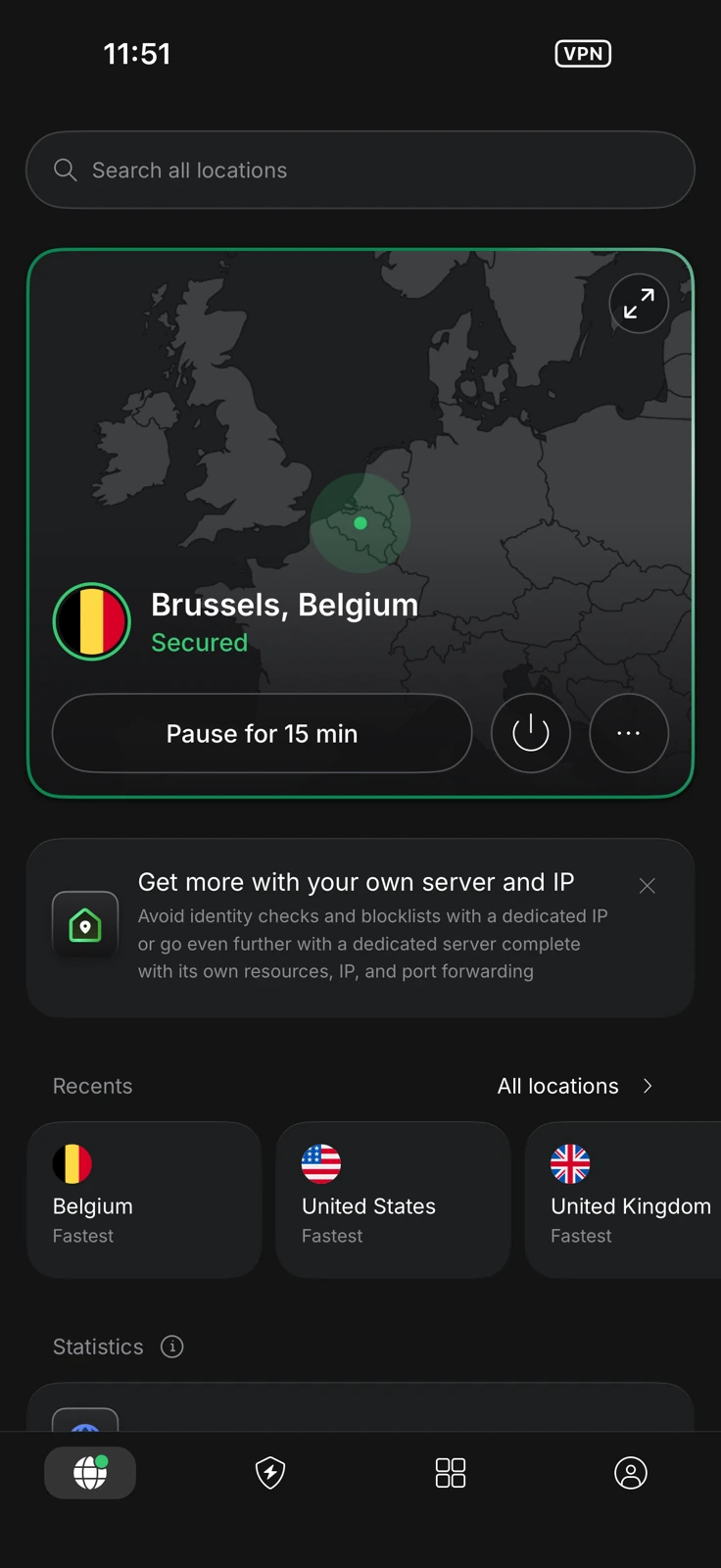 NordVPN app connected to a nearby city server, Brussels