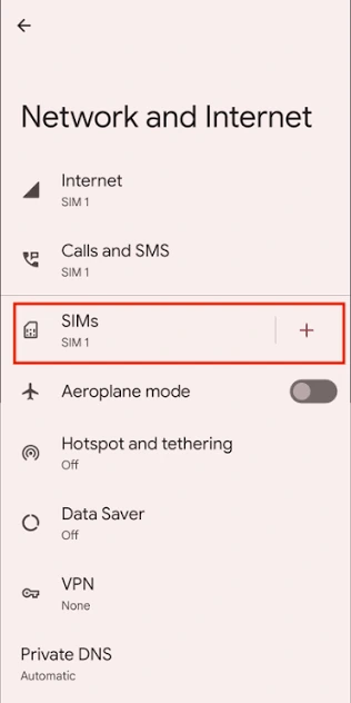 Pixel Network and internet settings with SIMs highlighted for adding an eSIM