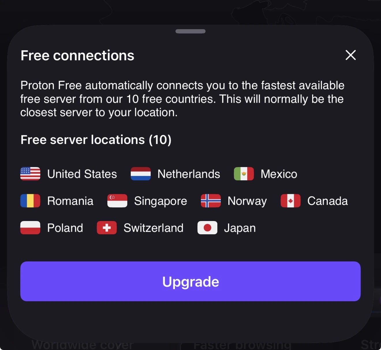 Proton VPN free tier list showing its 10 free server countries