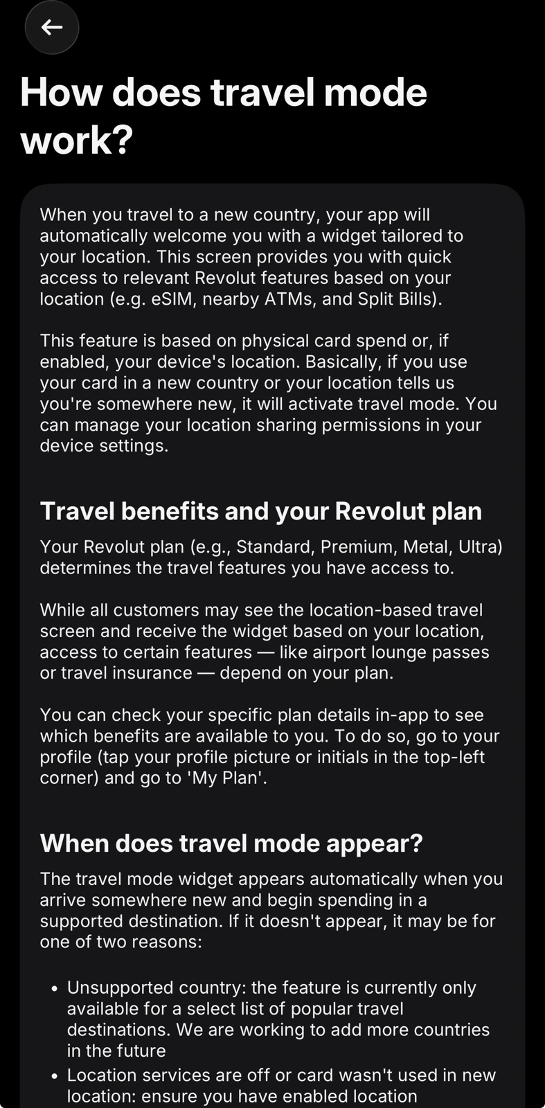 Revolut app explainer: travel mode activates automatically from card spend or location