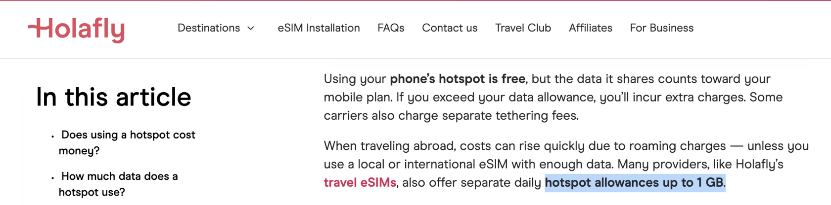 Holafly help article explaining hotspot sharing has a separate daily allowance