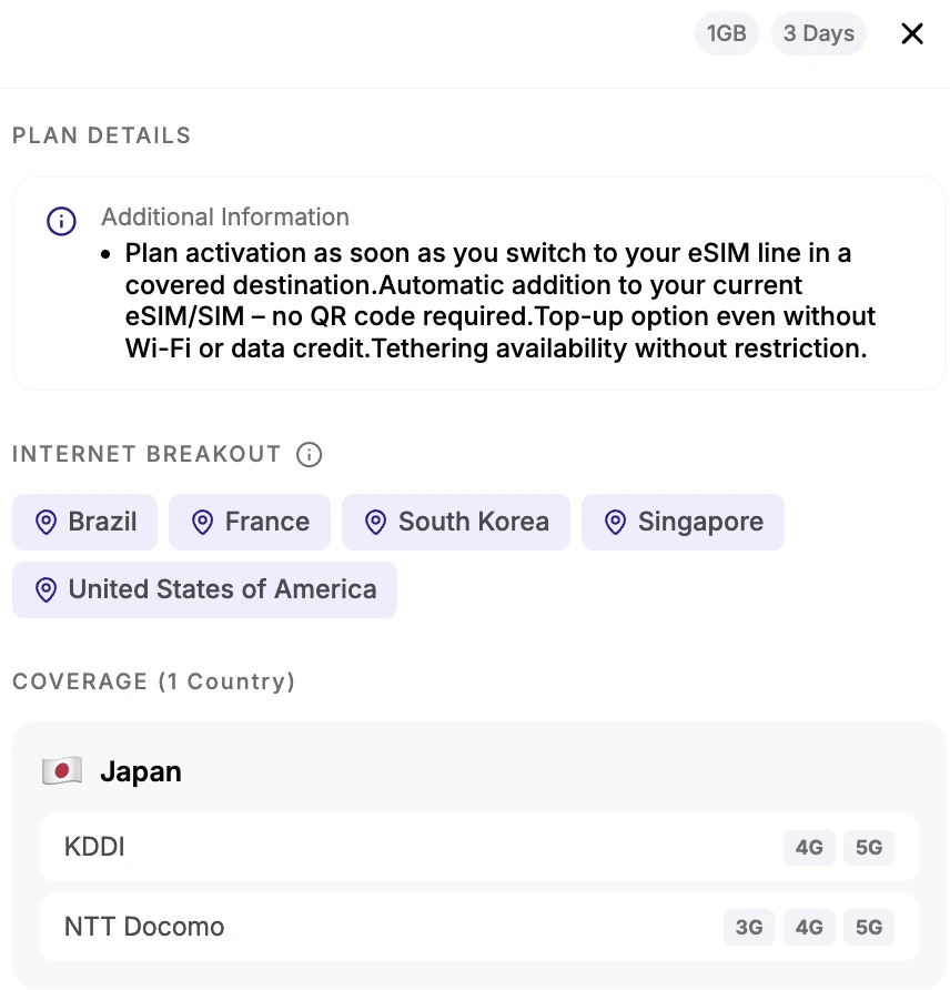 Japan travel eSIM plan detail showing networks KDDI and NTT Docomo